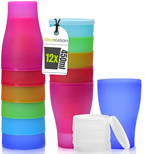 idea-station NEO Plastikbecher mit Deckel 12 x 450 ml - bunt - bruchsichere Partybecher aus Plastik oder Trinkbecher Kinder - perfekte Mehrwegbecher für Cocktails, Outdoor, Camping