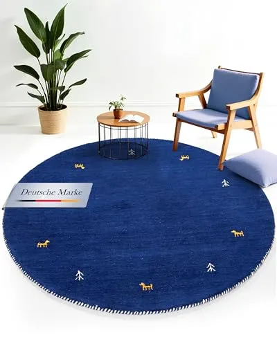 carpetfine Wollteppich Gabbeh Uni Rund Blau Ø 200 - Teppich für Wohn- und Schlafzimmer, aus 100% Wolle, langlebig und pflegeleicht, ideal für eine gemütliche Atmosphäre.