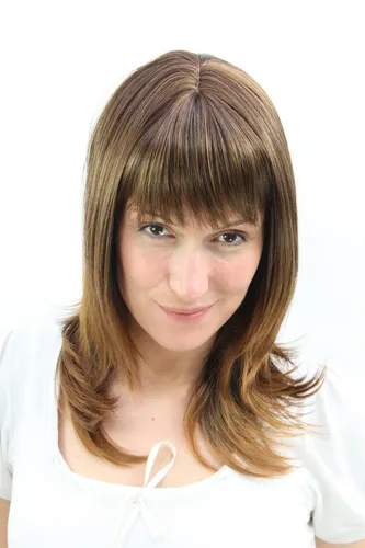 Perücke Damen Kupferbraun Brünett Blond gesträhnt glatt schulterlang Pony 50cm