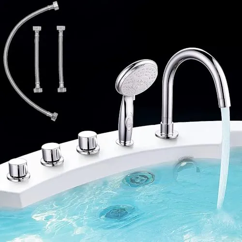 Melko 5-Loch Badewannenarmatur mit Handbrause - Armaturen mit elegantem Wasserfall-Einlauf und langlebiger Chromoberfläche, ideal für modernes Badezimmerdesign und einfache Reinigung.