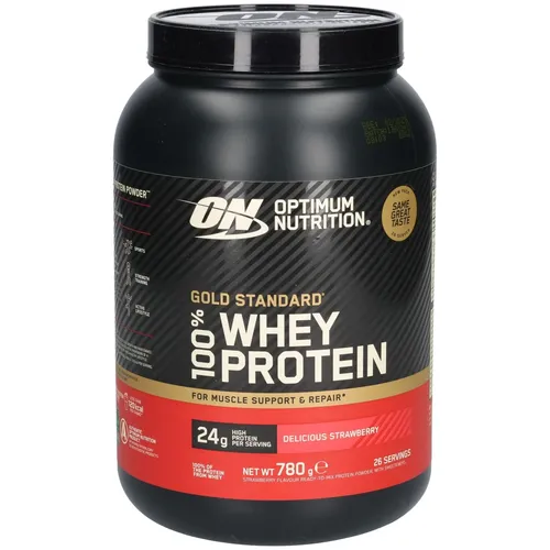 Optimum Nutrition 100% Whey Gold Standard - 780g - Leckere Erdbeere - Hochwertiges Proteinpulver für den täglichen Energiebedarf. Ideal für Fitness-Enthusiasten, sorgt für eine einfache Zubereitung und köstlichen Geschmack.