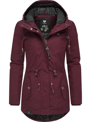 RAGWEAR Monadis Black Label Damen Winterjacke, dunkelrot - Funktionsjacken, stylischer, veganer Winterparka mit hohem Kinnschutz und warmen Rippstrickbündchen für optimalen Kälteschutz.
