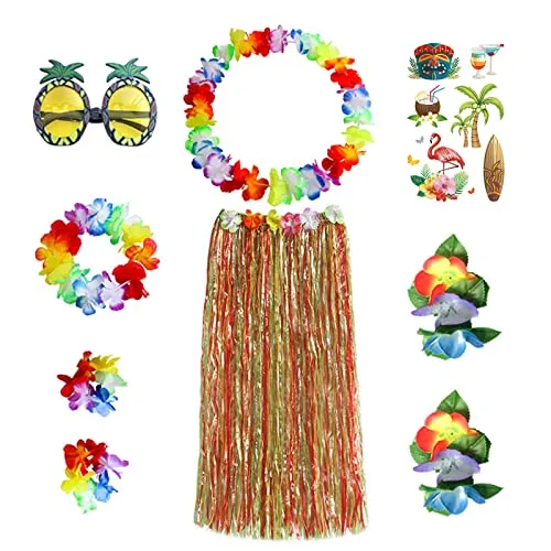 VIKSAUN 9 Stück Hawaii Party Kostüm Set, Gras Röcke Hawaiian Hula Tropical Dance Rock, Blume Armbänder Stirnband Halskette, Ananas Sonnenbrille,Beachparty Deko, Tropische Kostümparty Kostüm