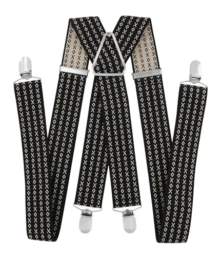axy Hosenträger für Herren breit 3,5 cm in X-Form mit 4 Hosenträger Clips extra stark längenverstellbar 35mm (Schwarz-Kreuzmuster)