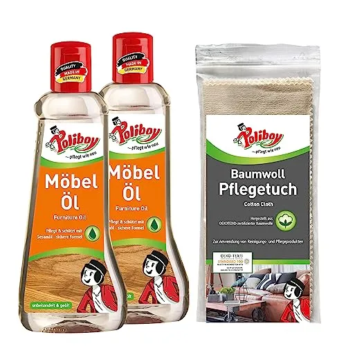 POLIBOY Möbel Öl - Hochwertiges Holzpflegemittel - Reinigungsmittel für unbehandelte und geölte Holzmöbel, sorgt für Frische und Schutz mit natürlichem Sesamöl, inkl. Baumwolltuch zur Anwendung.