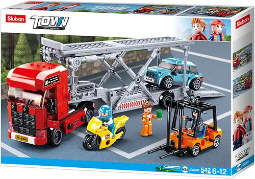 Sluban Town Autotranporter-LKW Set B0880 Auto Truck mit Gabelstapler, Motorrad