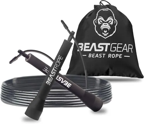 Beast Gear Springseil – Anpassbares Fitnessseil für Boxen & Crossfit - Schwarz, anpassbare Länge, ideal für Indoor- und Outdoor-Training. Inklusive Beutel und Ersatzteilen für optimale Nutzung. Perfekt für Fitness und Krafttraining.