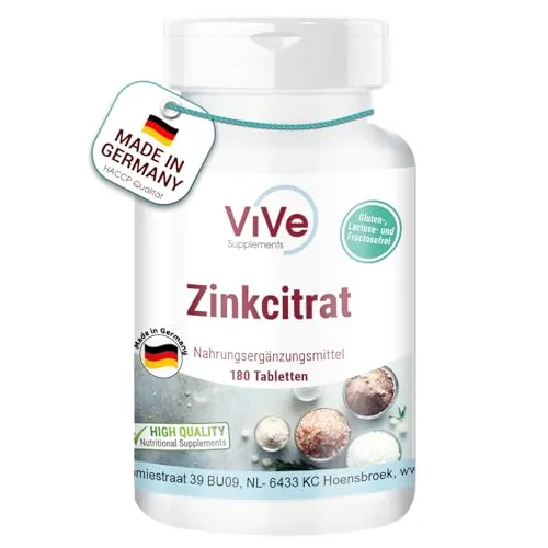 Zink Tabletten - 25mg aus Zinkcitrat - 180 Tabletten - Hochdosiert - Vegan | Qualität aus Deutschland von ViVe Supplements