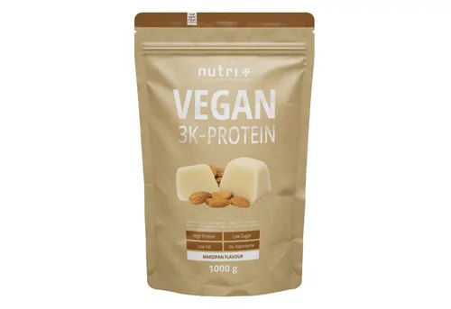 nutri+ Vegan 3K Protein Pulver 1000g - Pflanzliches Mehrkomponentenprotein mit über 80 % Eiweiß, ideal für Muskelaufbau und -erhalt. Fett- und zuckerarm, 100 % vegan und ohne Aspartam – perfekt nach dem Training oder als Snack.