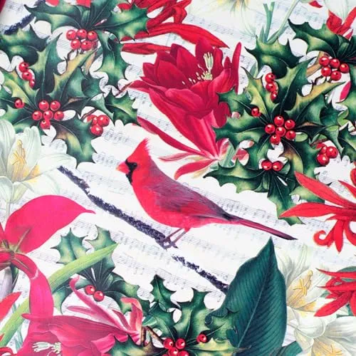 Weihnachtsgeschenkpapier 70cm x 2m Rolle Rotkardinal & Stechpalme - Geschenkpapier mit Motiv für Weihnachten - Geschenkpapierrolle mit floralem Weihnachtsmotiv - Weihnachtspapier neutral Creme Rot