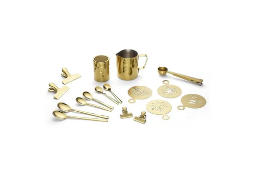 Echtwerk Kaffeezubehör-Set 23tlg, 600 ml, gold - Haushalt - 23-teiliges Set für perfekten Kaffee, inklusive Milchkännchen, Kakaostreuer und Schablonen für kreative Latte Art.