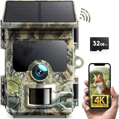 WOLFANG Solar Wildkamera 4K - Handyübertragung & Nachtsicht - Beobachtungsmonitore mit 46MP Auflösung und 0.1s Auslösezeit für beeindruckende Wildlife Aufnahmen, solarbetrieben für lange Einsatzzeiten und einfache Handhabung via App.
