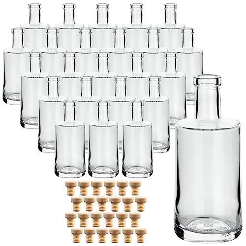 gouveo 24er Set Glasflaschen 250 ml Prim mit Holzgriffkorken - Kleine Flaschen 0,25 l aus hochwertigem Glas mit Korken - Glasflasche mit Korkverschluss zum Befüllen mit Likör, Schnaps, Öl