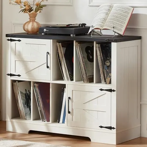 LELELINKY Großer 1m-Plattenspieler-Ständer mit Aufbewahrung, Plattenständer mit Scheunentür, Plattenregal mit Aufbewahrung für bis zu 300 Alben, Vinylplatten-Halterung für Musikzimmer, Weiß