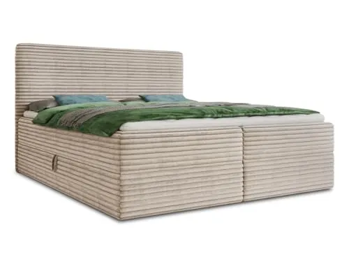 Boxspringbett Mollo 160x200 cm mit 2 Bettkästen - Beige Polsterbett aus weichem Cordstoff mit Bonell-Matratze und Topper, bietet zusätzlichen Stauraum und optimalen Liegekomfort für erholsamen Schlaf.