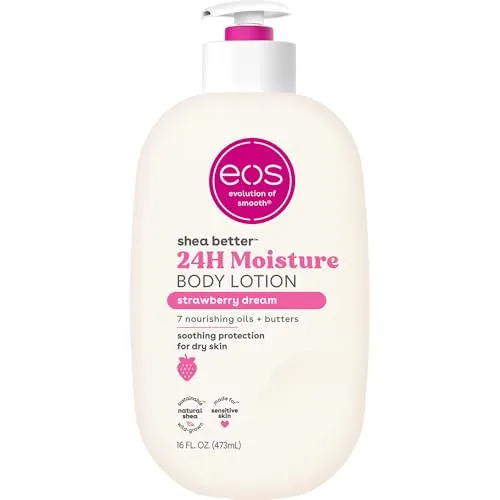 eos Shea Better Body Lotion - Strawberry Dream - Leichte und nicht fettende Körperlotion für 24 Stunden Feuchtigkeit. Angereichert mit natürlicher Sheabutter, ideal für die tägliche Pflege. Vegan und dermatologisch getestet.