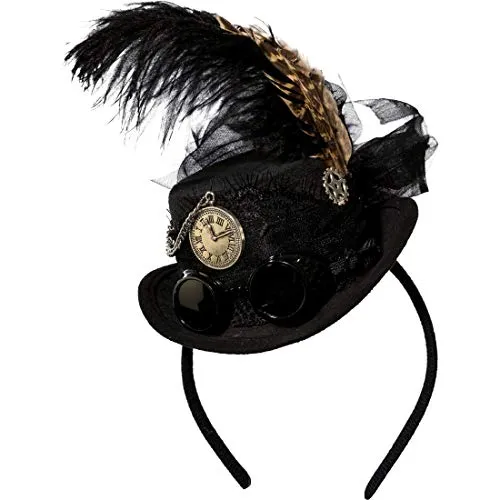 Amakando Edler Mini-Zylinder Cyber Gothic mit Haarreif/Schwarz/Eleganter Steampunk Haar-Schmuck für Damen/EIN Blickfang zu Fasching & Karneval