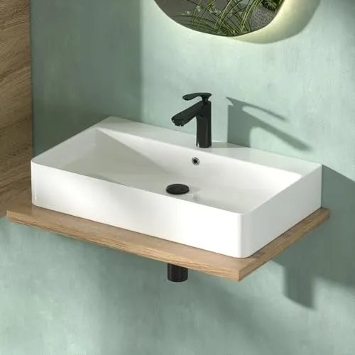 CASAMO Waschbecken Aufsatzwaschbecken Hängewaschbecken im Bogen-Design, Hochglanz Weiß, Kratzfest, leicht zu reinigen - flexibel installierbarer Waschtisch für Bad & Gäste-WC (71 x 42 x 13 cm)