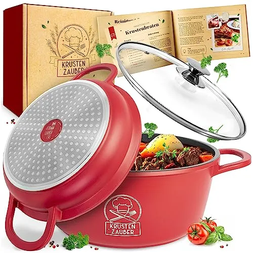 KRUSTENZAUBER 28cm Aluguss Bräter mit Deckel - Pfannen, backofengeeignet und ideal für alle Herdarten – gleichmäßige Wärmeverteilung für perfekte Kochergebnisse und zwei Deckel für vielseitige Nutzung.