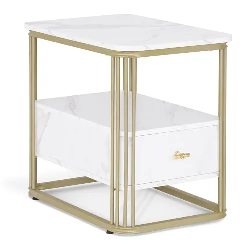 MCombo Beistelltisch mit Schublade 2138 - Ablagetische mit luxuriösem Marmorlook und stabilem Metallgestell, ideal für elegantes Wohnen und praktischen Stauraum.