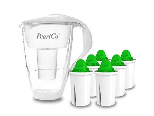 GLAS-Wasserfilter PearlCo (weiß) mit 6 Alkaline classic Filterkartuschen - Made in EU
