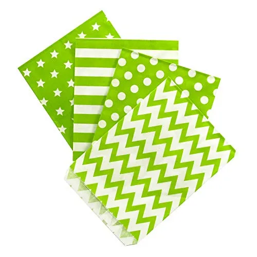 Frau WunderVoll® 100 PAPIERTÜTEN GRÜN, Sterne, Streifen, Punkte, Zacken 13 x 16,5 cm, 45 Gramm Papier, flach/Candy Bar, Hochzeit, Kindergeburtstag, Papiertütchen, Candybag, Tüten, Mitgebseltüten