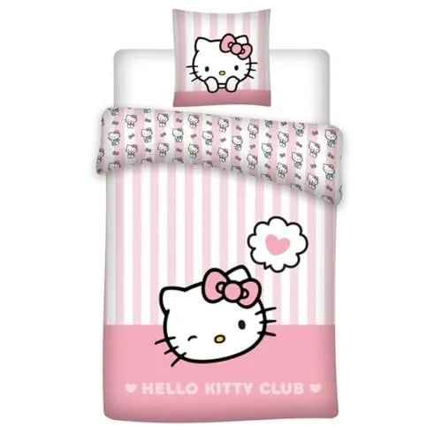 Aymax Hello Kitty Bettwäsche-Set Heart – Bettbezug 135x200 cm + Kissenbezug 80x80 cm – 100% Baumwolle