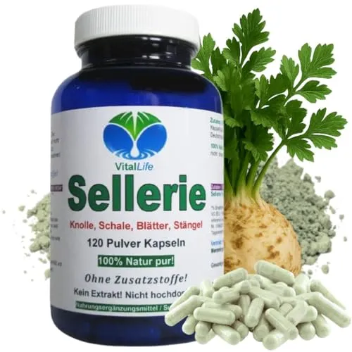 SELLERIE 120 Kapseln Wurzel Schale Blätter Stängel BLUT Magen LEBER Darm NIEREN Blase VERDAUUNG nach Hildegard von Bingen. 100% NATUR pur. OHNE ZUSATZSTOFFE. 26318-120