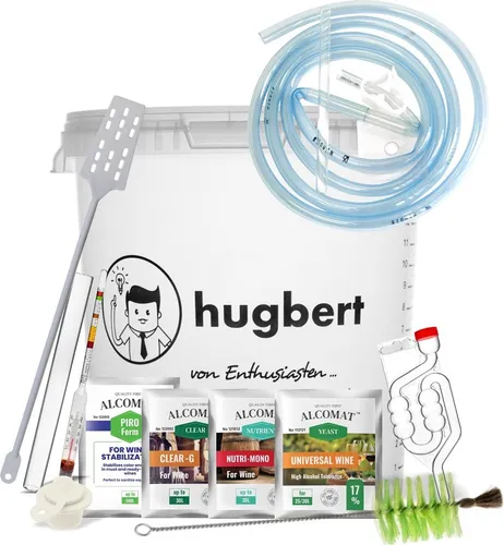 Weinset ALCOMAT-BOX-L Weinhefe | Gärbehälter 15/17L | Gärröhrchen | Dichtgummi | Weinmessgerät | Wein-Gießset mit Klemme | Rührer| Kaliummetabisulfit | Flaschenbürste