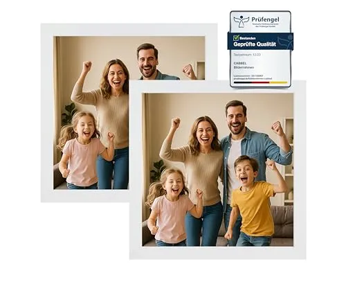 CABBEL Bilderrahmen 25x25 cm aus MDF | Acrylglas bruchsicher | Weiß | 2er Pack | Quadratischer Fotorahmen zum Aufstellen oder Aufhängen | Modern & stabil