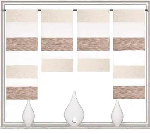 Birsppy Design Mini Flächenvorhang Set beige 2291-13 | 4 Teile - Schiebevorhänge: 4-teiliges Set in beige aus halbtransparentem Stoff mit eleganten Querstreifen und waschbar bei 30°C – ideal für stilvolle Fensterdekoration.