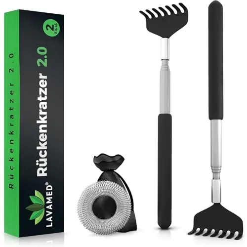 LAVAMED 2x Rückenkratzer ausziehbar – Doppelpack stabiler Rückenkrauler aus Edelstahl mit 58 cm langem Teleskop-Arm im 2er Set als Kratzhilfe zum Kratzen und Kraulen am Rücken