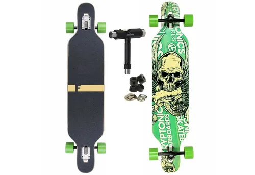 FunTomia Longboard - Camber Twin Tip mit LED Rollen - Longboard für Carving, Cruising und Freeride, aus 8-lagigem Ahornholz, ideal für Einsteiger und Fortgeschrittene. Flex 2 für ein Gewicht von 25 bis 84 kg und stylische grüne Totenkopf-Optik.