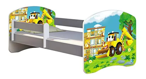 ACMA Kinderbett Jugendbett mit Einer Schublade und Matratze Grau mit Rausfallschutz Lattenrost II (20 Bagger, 140x70)