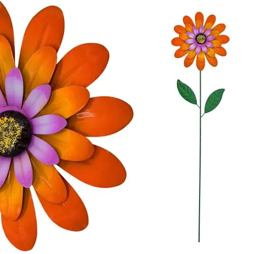 Spetebo Metall Gartenstecker Blume orange - 90 x 25 cm - Gartendeko Blumenstecker bunt - Garten Deko Beetstecker Gartenstecker Gartenstab Metallblume Pflanzenstecker Blumenstab Frühlingsdeko
