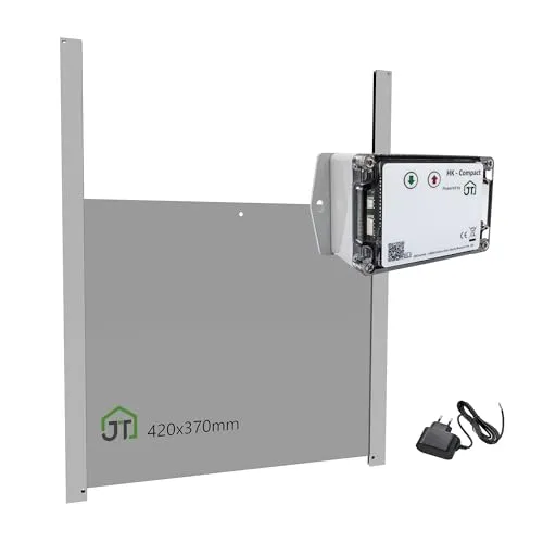 JOSTechnik - HK-Compact mit 420x370 extra breiter Hühnerklappe; Hühnerklappe mit Lichtsensor 12V; automatische Hühnertür; Dämmerungsgesteuert - gemäß Zertifizierungsrichtlinien