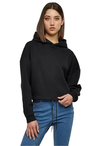 Urban Classics Damen Cropped Oversized Hoodie - TB6091, Black, XL - Kapuzenpullover für Damen mit Kordelzug im Saum und breiten, gerippten Ärmelbündchen für einen lässigen Look.