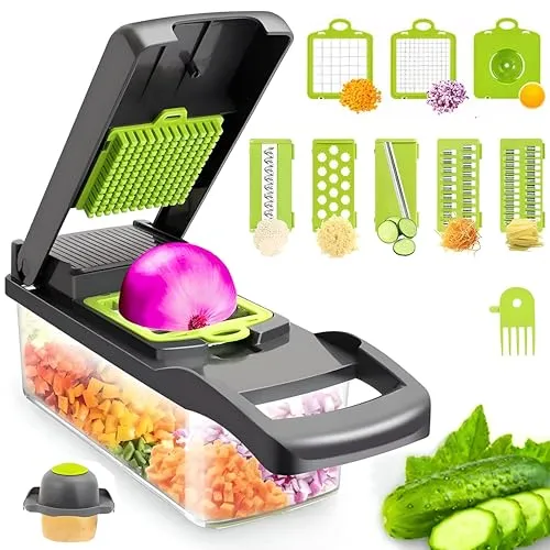 Gemüseschneider 12 in 1 von Retoo - Multifunktionaler Zerkleinerer - Gemüseschneider, 12-in-1, aus hochwertigem Edelstahl, ideal für schnelles und sicheres Schneiden von Obst und Gemüse. BPA-frei und leicht zu reinigen, perfekt für jede Küche.