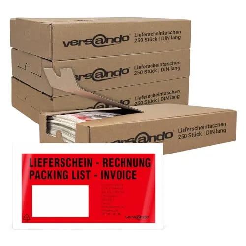 Produktbild versando 4x 250 Lieferscheintaschen DIN lang selbstklebend Dokumententaschen Begleitpapiertaschen rot/schwarz bedruckt: