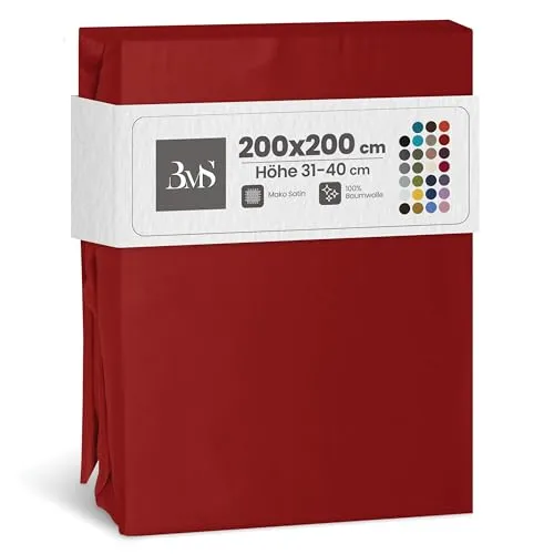Bettwaesche-mit-Stil Mako Satin Spannbettlaken Spannlaken Spannbetttuch (200x200 cm, Matraztenhöhe Höhe 31-40 cm, Rot)