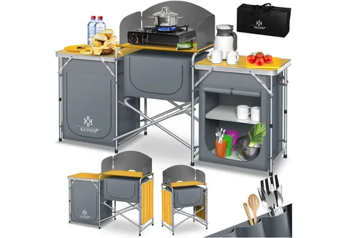 KESSER® Campingschrank - Vielseitige Campingküche mit Tragetasche - Praktische Campingküche für Outdoor-Aktivitäten. Leicht aufzubauen und platzsparend verstaubar. Robustes Aluminiumgestell mit hitzebeständiger Arbeitsplatte und Windschutz für komfortables Kochen im Freien.