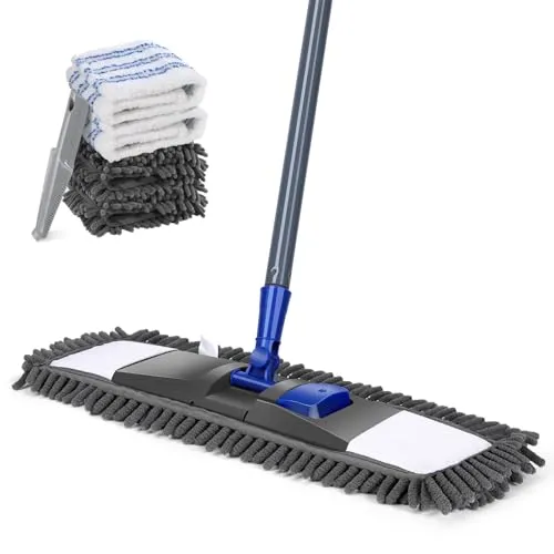 Masthome Wischmopp,Bodenwischer Set mit 4 Wischpads,Chenille Wischmopp mit 128cm Griff,Mikrofaser Wischmop, Wischer Boden für Hartholz, Laminat, Fliesenboden, Senden 1 Schaber