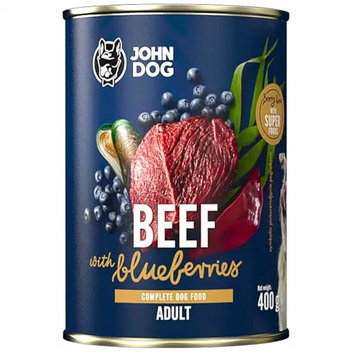 JOHN DOG Nassfutter für Hunde Berry Line Rind mit Heidelbeeren - Getreidefrei Hundefutter mit Superfoods und 96% Fleisch & Innereien - für Erwachsene Hunde 400g