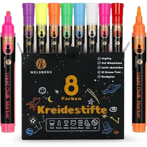 welsberg 8 Kreidestifte, Abwaschbar Glasstifte, flüssige Tafelstifte mit 5mm Spitze, Kreidemarker für Tafel, Whiteboard, Fenster, Glas, 10 Gramm Jumbo Tinte, Chalk Markers für Erwachsene, Kinder