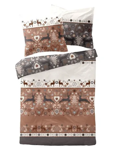 Dormisette Edel Biber Bettwäsche 155x220 - Hirsch Herz Bäume rost grau - Bettwäsche-Set aus hochwertigem Feinbibergewebe, kuschelig warm und hautsympathisch, ideal für kalte Nächte, pflegeleicht und mit Reißverschluss.