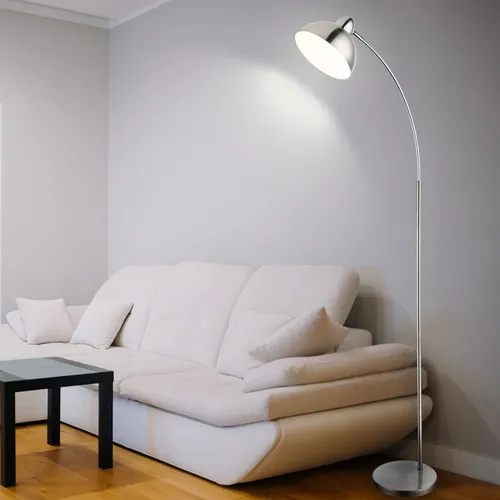 Elegante Bogenstehleuchte in Chrom – Schwenkbare Standleuchte für Wohnzimmer - Stehleuchte aus Metall mit glänzendem Chrom und mattem Nickel, ideal für modernes Wohndesign. Beweglicher Spot und eleganter Lampenschirm sorgen für einen stilvollen Lichtakzent.