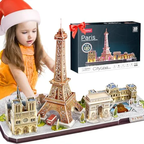 CubicFun 3D Puzzle Paris, France LED CityLine Eiffelturm, Notre Dame de Paris, Louvre, Arc de Triomphe-Deko-Kits und Souvenirgeschenk, 115 Stück