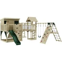 OutdoorToys Spielturm - Spielturm aus robustem Holz in Dunkelgrün, ideal für Kinder ab 3 Jahren, bietet sicheren Spielspaß und fördert die motorischen Fähigkeiten.