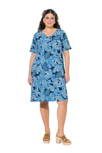 Ulla Popken Damen große Größen Übergrößen Plus Size Jerseykleid, Blätter, A-Linie, V-Ausschnitt, Halabrm Marine 54+ 838482130-54+