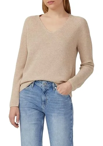 S.OLIVER Damen Strickpullover Gr. 44 beige - Pullover aus 60% Baumwolle, atmungsaktiv und pflegeleicht, ideal für den lässigen Look. Der taillenbedeckende Schnitt mit V-Ausschnitt sorgt für Komfort und Stil.